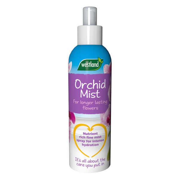 A 250ml spray bottle of Westland orchid mist. The bottle is cylindrical with a small push spray nozzle at the top.