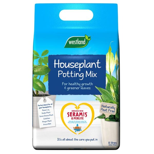 An 8 litre pouch of Westland Peat Free Houseplant Potting Mix. The pouch has a large cutout handle at the top.