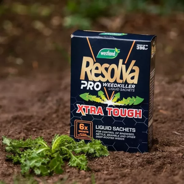 Westland Resolva Pro Weedkiller Xtra Tough Liquid Sachets (Pack of 6) sat on soil