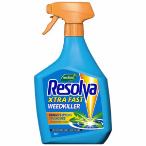 A blue, 1 litre, ready-to-use spray bottle of Westland Resolva Xtra Fast Weedkiller.