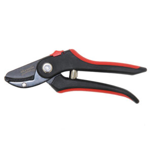 A pair of Wilkinson Sword Anvil Pruning Secateurs. The pruners have a black and red two-tone colour scheme with red handle inserts and red locking catch. The blades are black.