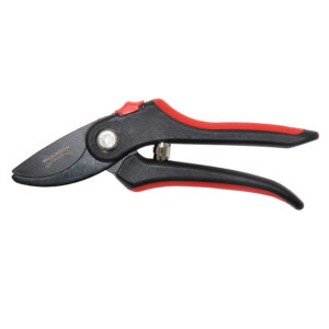 A pair of Wilkinson Sword Bypass Pruning Secateurs. The secateurs are primarily black with a red locking latch and red soft-touch inserts on the handles.