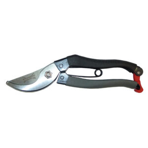 A pair of Wilkinson Sword Classic Bypass Pruning Secateurs. The pruners have grippy black and grey sleeves over the handles and a red catch on the end of the handles to hold them closed.