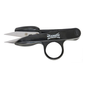 A pair of small, black handled Deadheading Snips. The snips have a small loop for your middle finger and a pad for the thumb to push down on.