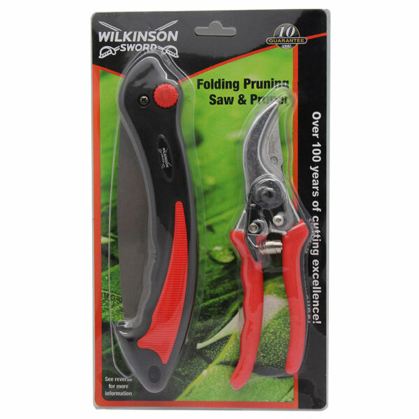 A Wilkinson Sword folding saw and pruning saw in a set in their packaging.