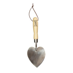 A wooden handled Wilkinson Sword Trowel with a large, flat, heart-shaped trowel.