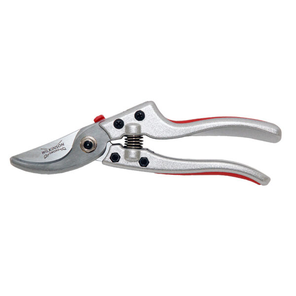 A pair of Wilkinson Sword Razorcut Comfort Bypass Pruning Secateurs. There are orange, soft-touch, non-slip inserts in the handles.