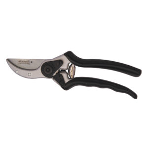 A pair of Wilkinson Sword Razorcut Pro Straight Bypass Pruning Secateurs. They have a right-handed locking latch, and black non-slip coating on the handles.