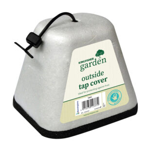 A white Winter Protection Anti-Freeze Tap Cover. The cover is conical with a black rubber cord for tightening.