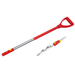 The Wolf Garten multi-change D-Grip Weeder Set, consisting of a long red handle and a separate spiral weeding attachment.
