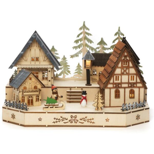 Konssmide LED Wooden House Silhouette with Snowman and Boy studio image