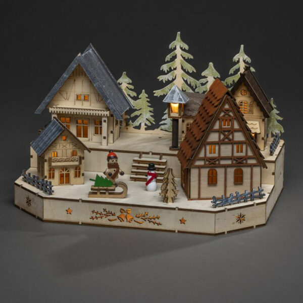 Konssmide LED Wooden House Silhouette with Snowman and Boy mood image